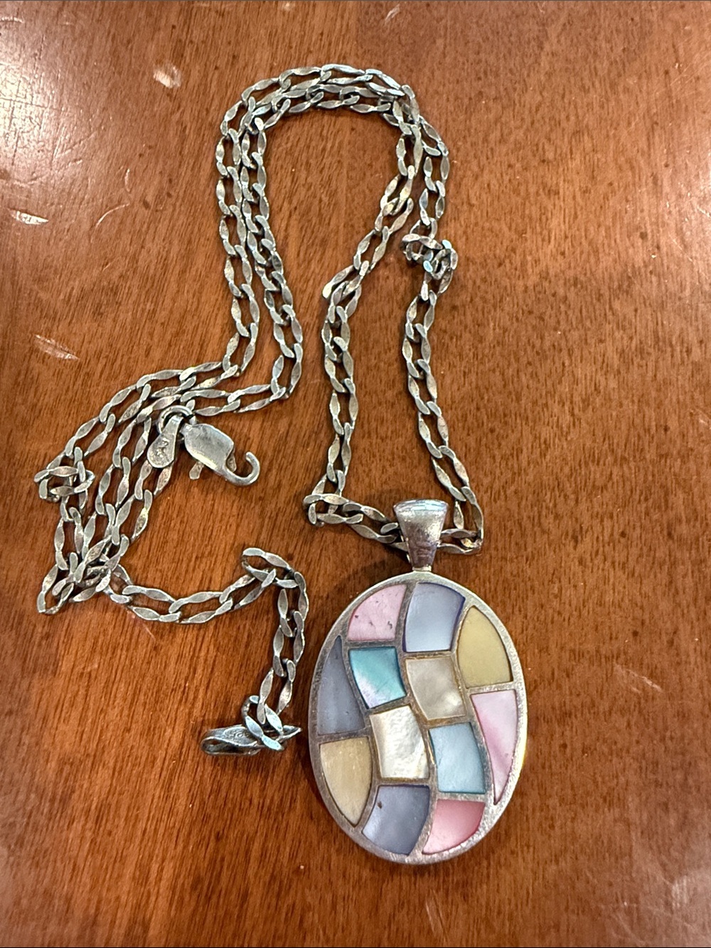 Vintage 925 Italy Sterling Silver Pastel Mosaic Oval Pendant Necklace